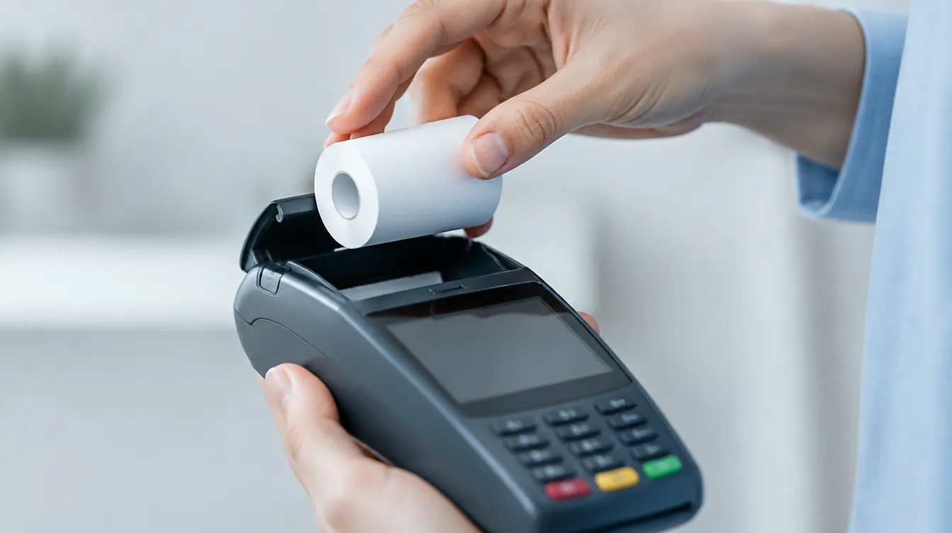 Un rotolo di carta termica infilato nel vano di un terminale POS