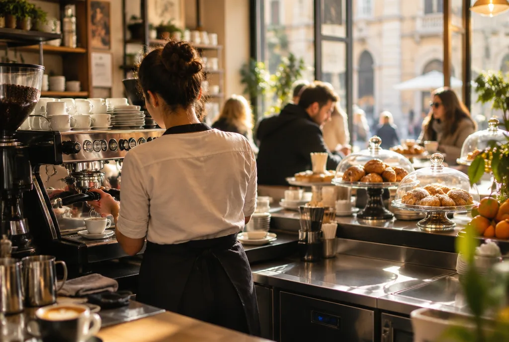 Barista al banco di un bar italiano la mattina presto