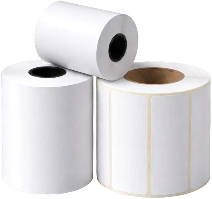 Un rotolo per registratore di cassa, un rotolino per POS e una bobina di etichette adesive