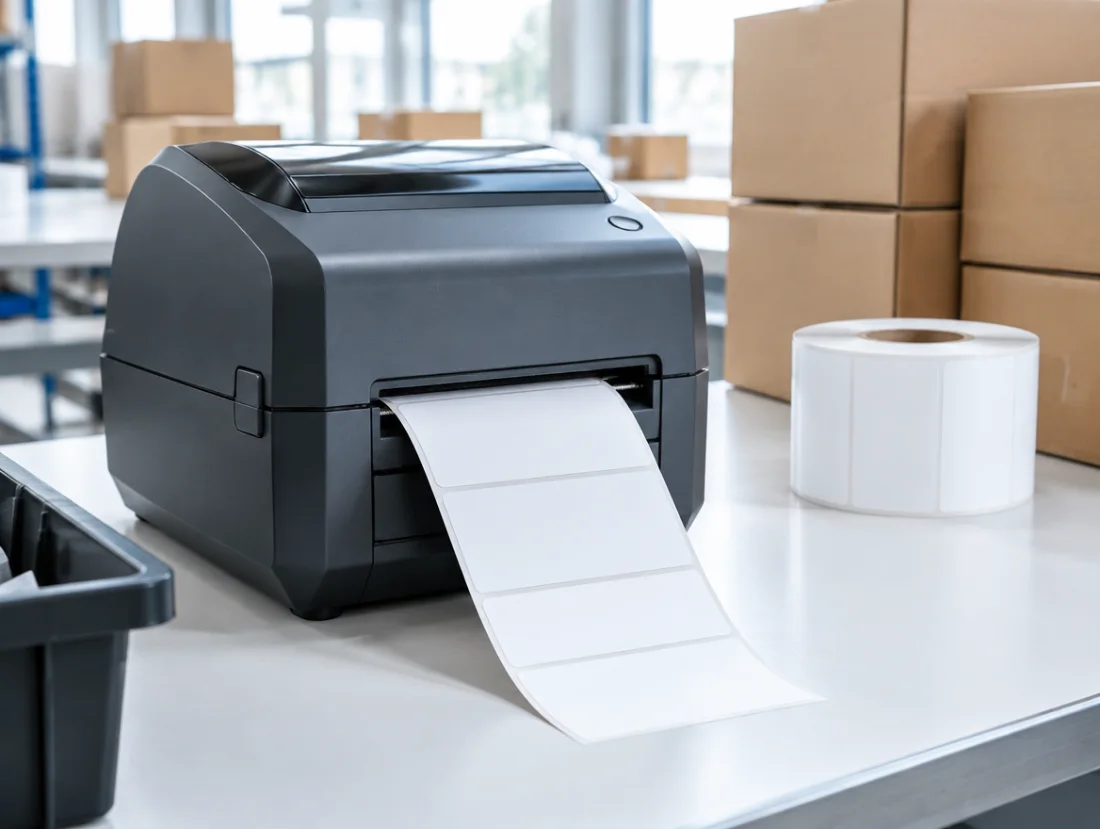Stampante di etichette con accanto una bobina di carta termica adesiva