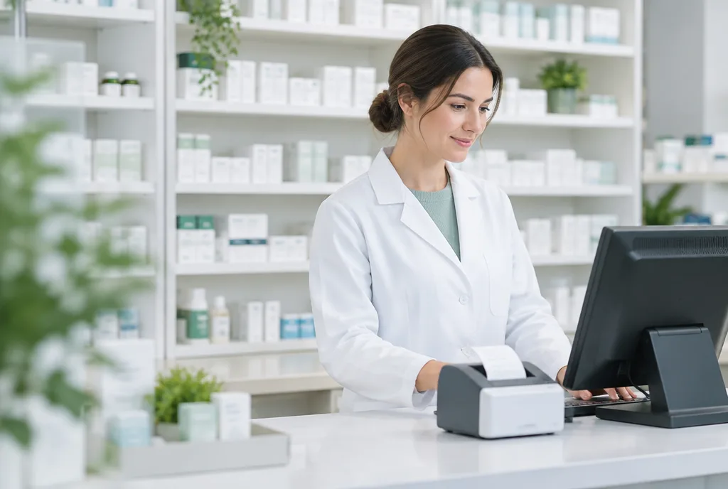Banco di una farmacia con stampante per scontrini