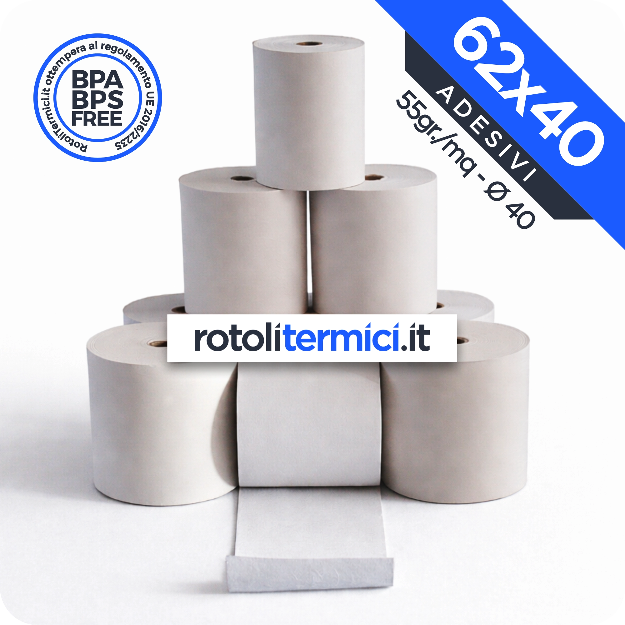 Rotoli Termici Adesivi 62x40 - 55gr - Omologati Anima 40 (62x40x55)
